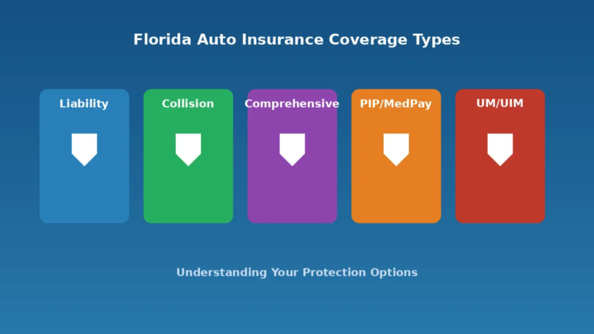 Florida auto insurance coverage types including liability, collision, comprehensive, PIP, and uninsured motorist protection