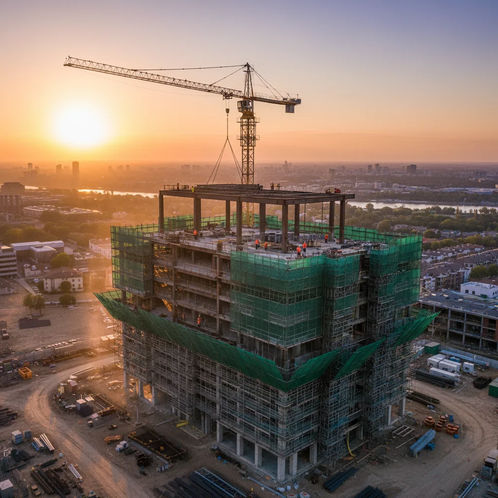 Active construction site with steel beam installation covered by builders risk insurance
