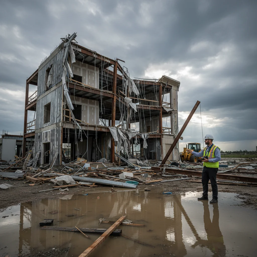 Insurance adjuster inspecting storm damage at construction site for builders risk claim