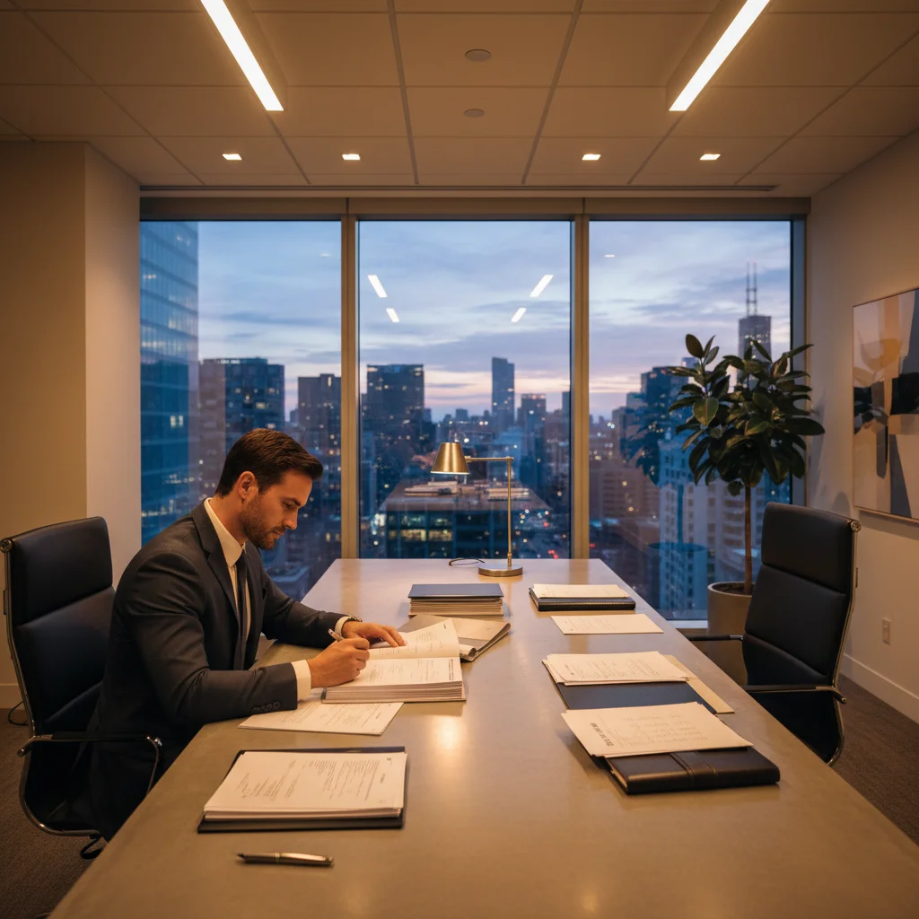 Business owner reviewing commercial general liability insurance policy documents