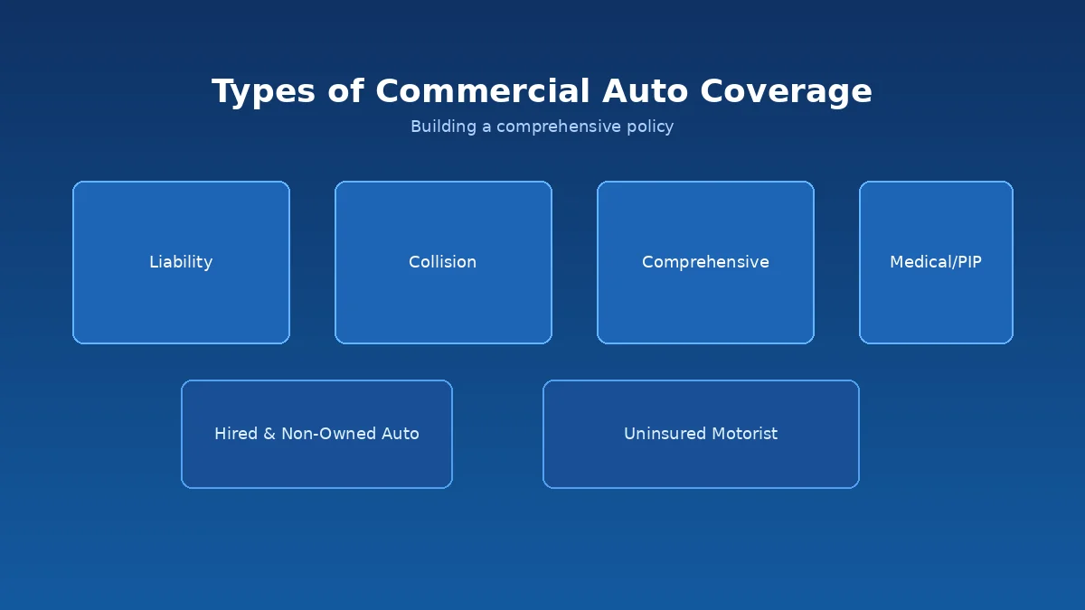 Types of commercial auto insurance coverage including liability, collision, comprehensive, and hired and non-owned auto
