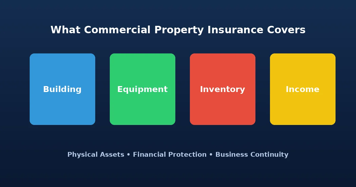 What commercial property insurance covers including building equipment inventory and income protection