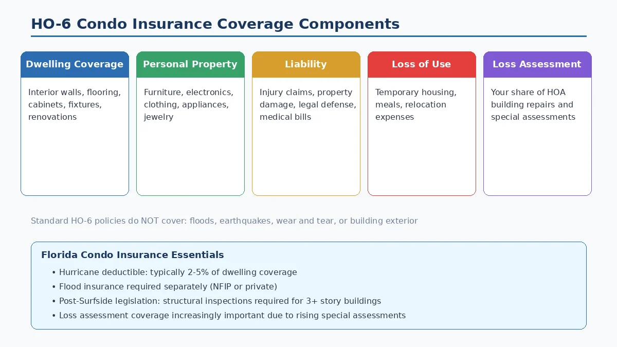 HO-6 condo insurance coverage components including dwelling, personal property, liability, loss of use, and loss assessment