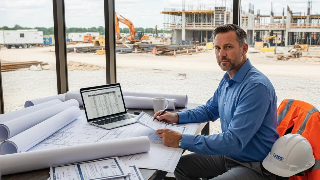 Construction project manager reviewing insurance documents and certificates of insurance at job site