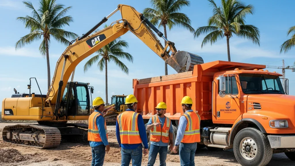 Construction workers with heavy equipment on Florida job site wearing safety gear