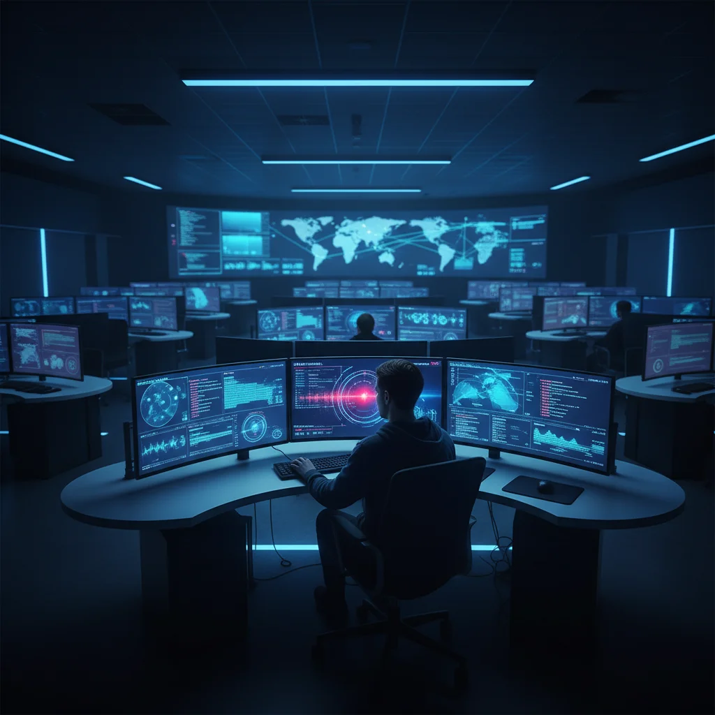 Security operations center monitoring cyber threats and data breach alerts for insured businesses
