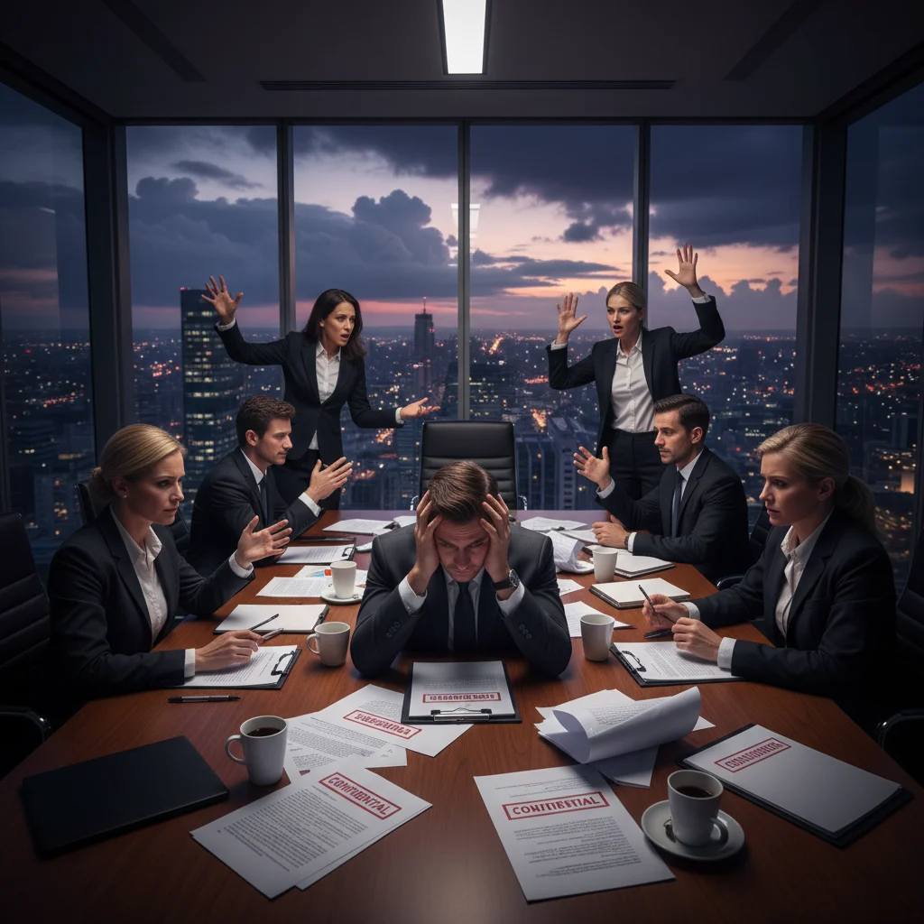 Board of directors in heated discussion about corporate liability and D&O insurance coverage