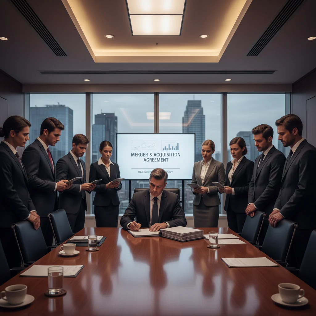 Business executive signing merger documents with D&O insurance protecting against shareholder claims
