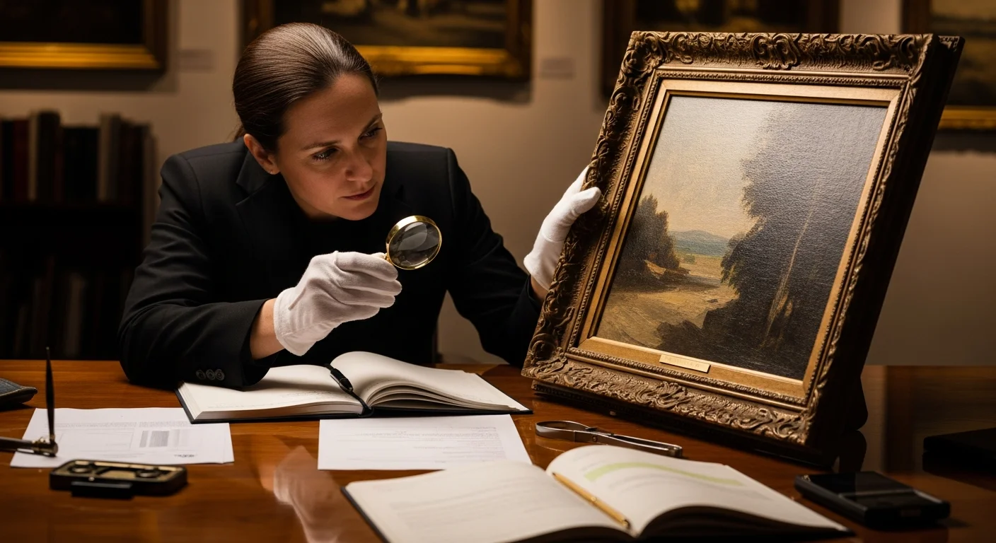 Art appraiser examining a framed painting for fine art insurance valuation