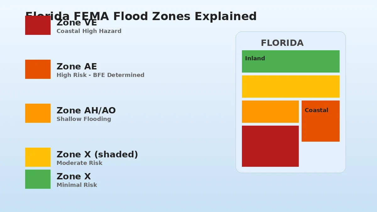 Florida FEMA flood zones explained - Zone VE coastal high hazard through Zone X minimal risk