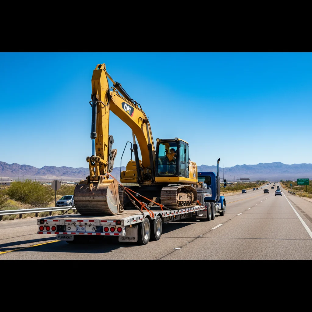 Flatbed truck transporting heavy construction equipment on highway representing inland marine insurance coverage