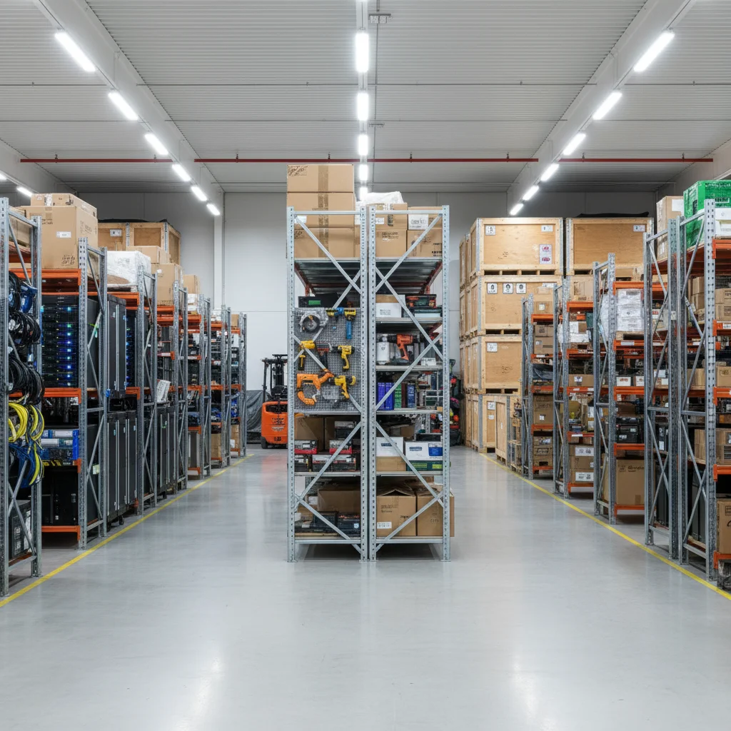 Warehouse with various business equipment covered by inland marine insurance including servers tools and electronics