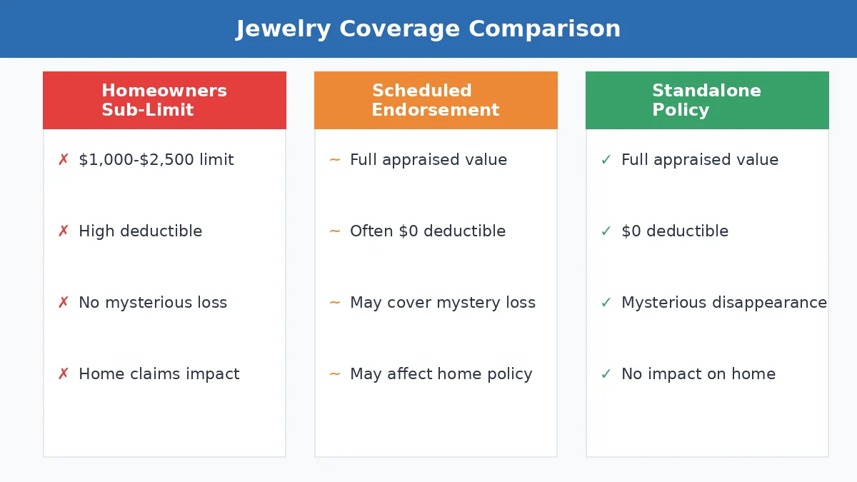 Comparison of jewelry coverage options: homeowners sub-limit vs scheduled endorsement vs standalone policy