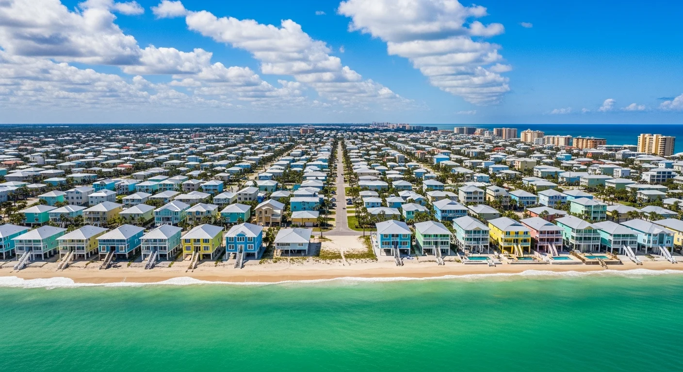 Aerial view of Florida coastal neighborhood rental properties showing hurricane and flood risk