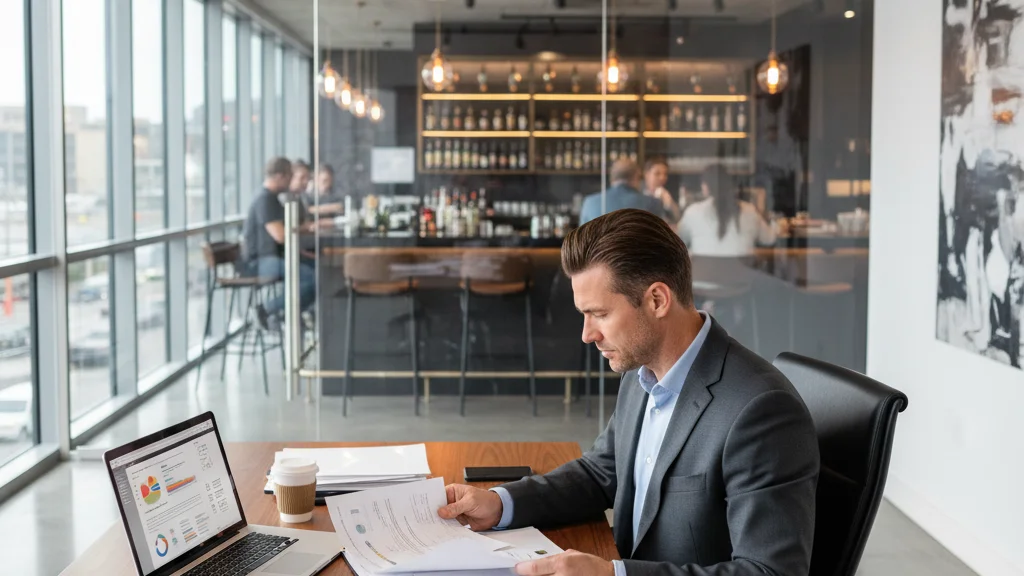 Business professional reviewing liquor liability insurance documents with restaurant bar in background