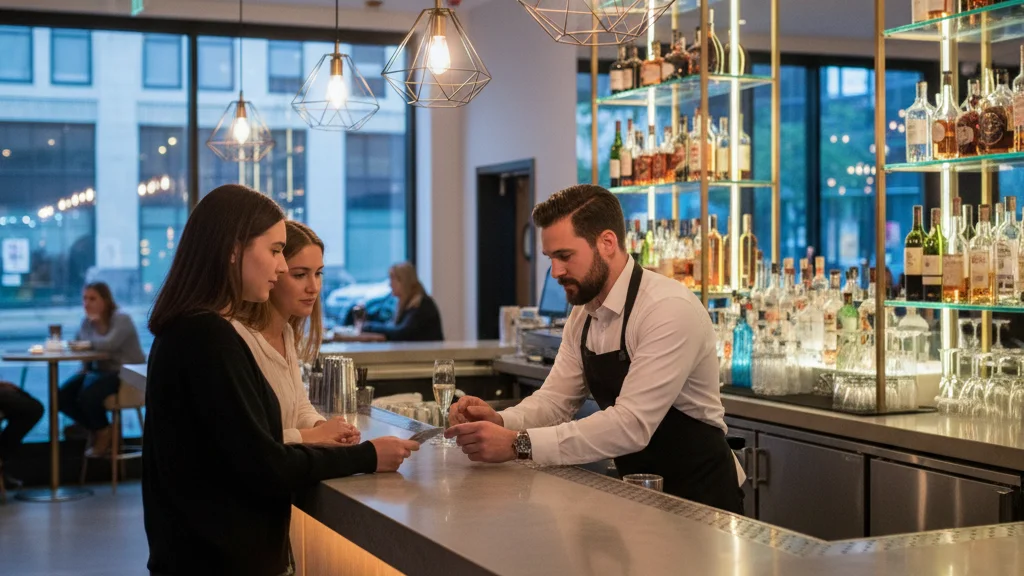 Professional bartender checking customer ID at modern restaurant bar for responsible alcohol service