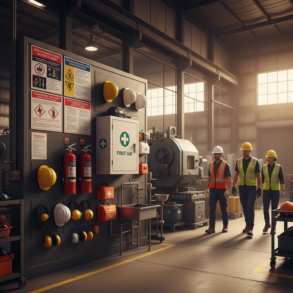 Manufacturing plant safety station with OSHA compliance equipment and workers in PPE