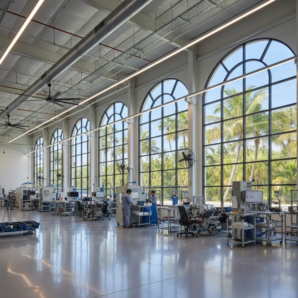 Modern manufacturing warehouse in Florida with palm trees visible through industrial windows