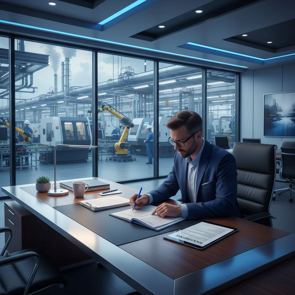 Business owner reviewing product liability insurance policy for manufacturing operations