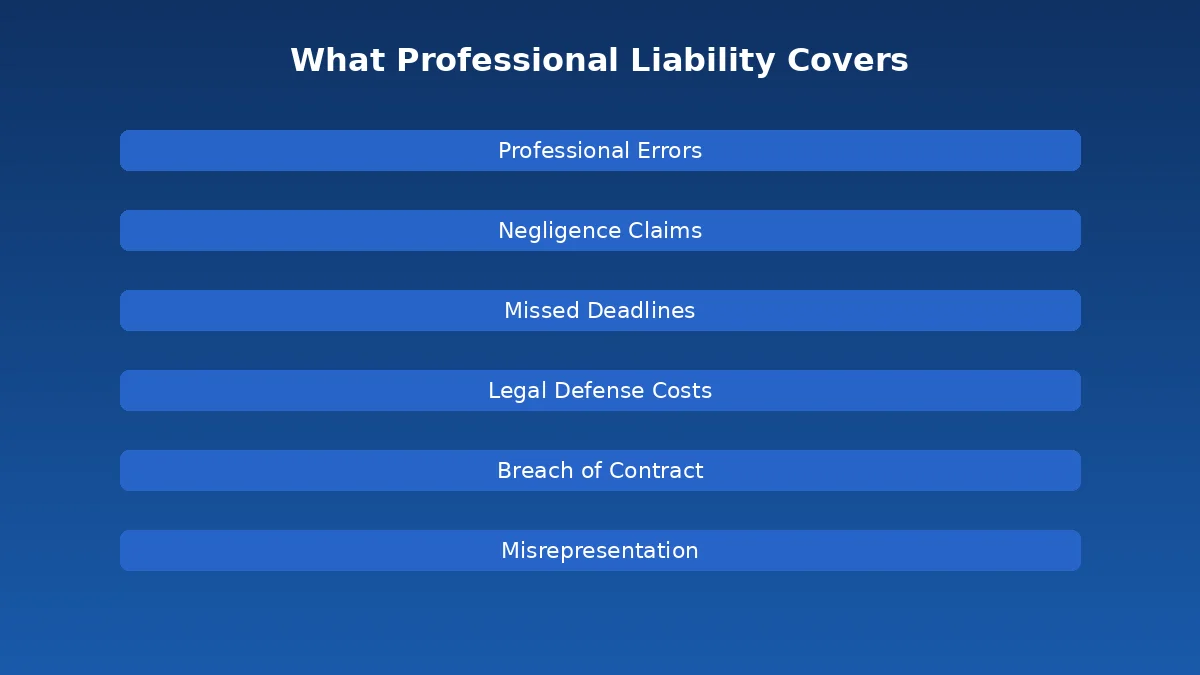 Types of claims covered by professional liability insurance including errors, negligence, and legal defense costs