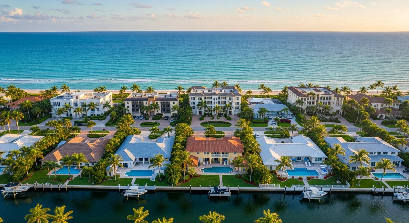 Aerial view of Florida coastal apartment buildings and rental properties