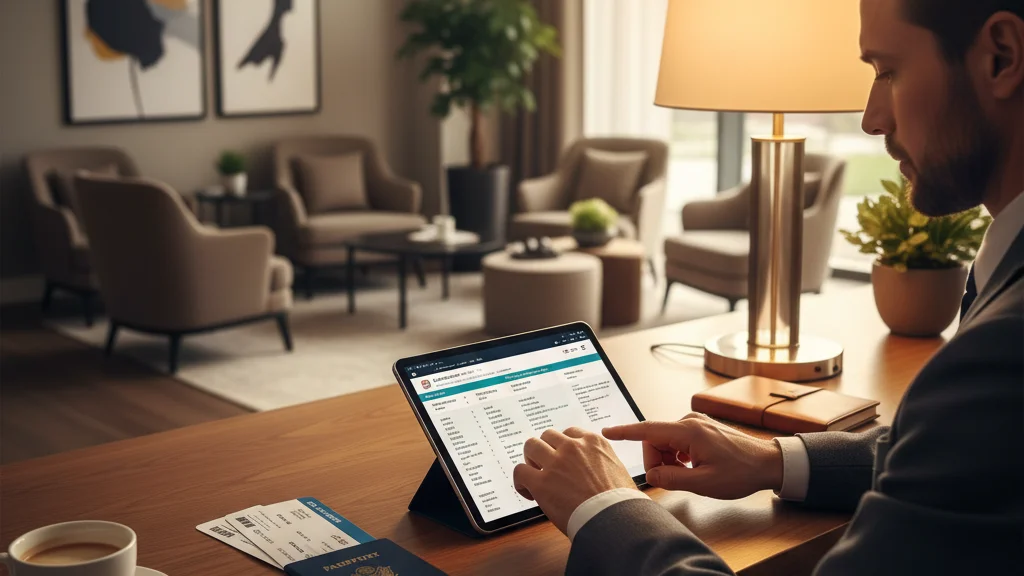 Traveler reviewing travel insurance documents with passport and boarding pass