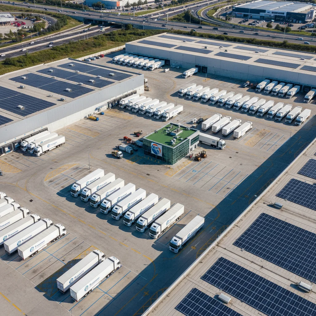 Commercial truck fleet at a logistics terminal representing fleet trucking insurance coverage