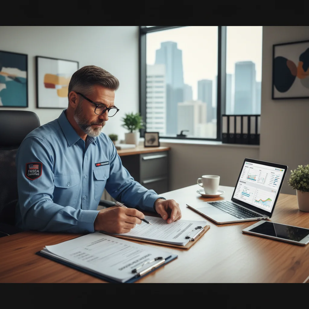 Truck driver reviewing FMCSA insurance documents and compliance paperwork