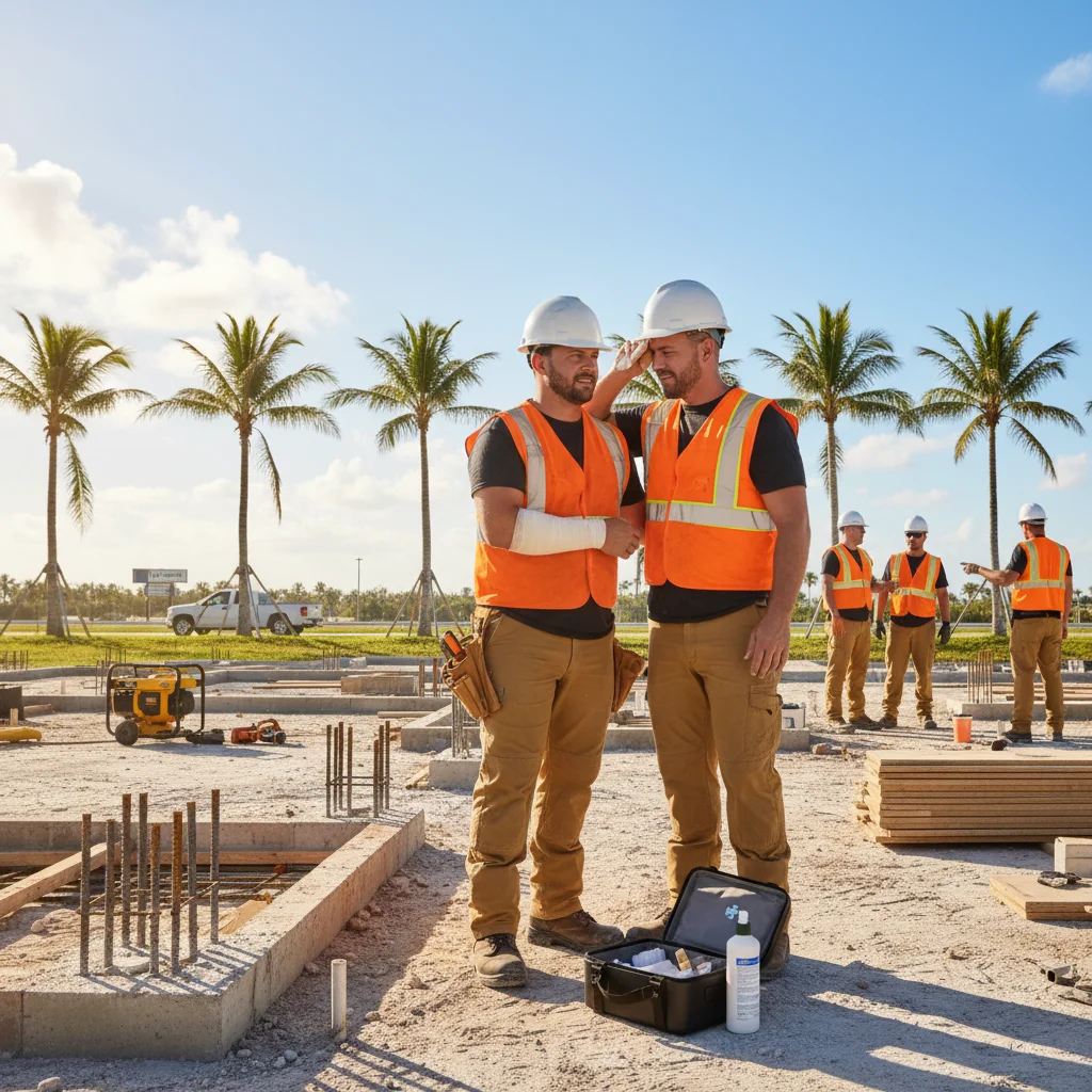 Construction worker receiving first aid on a Florida job site under workers compensation coverage