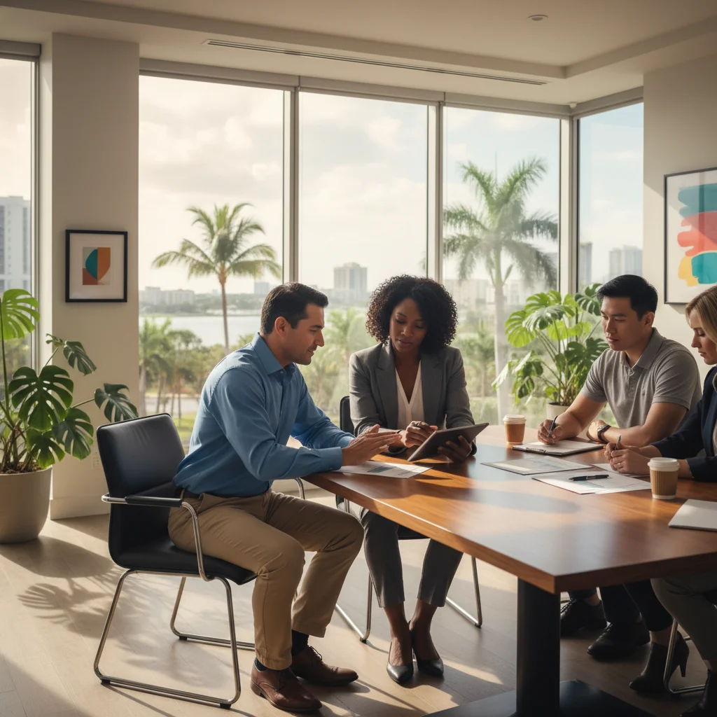 Florida business owner consulting with insurance agent about workers compensation policy