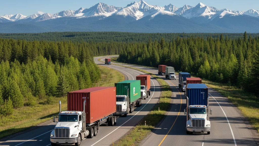 Fleet of freight trucks transporting cargo on highway with cargo insurance protection