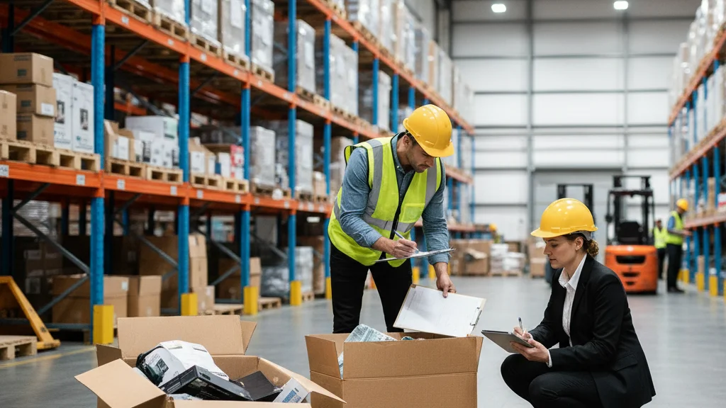 Warehouse worker inspecting damaged freight for a cargo insurance claim