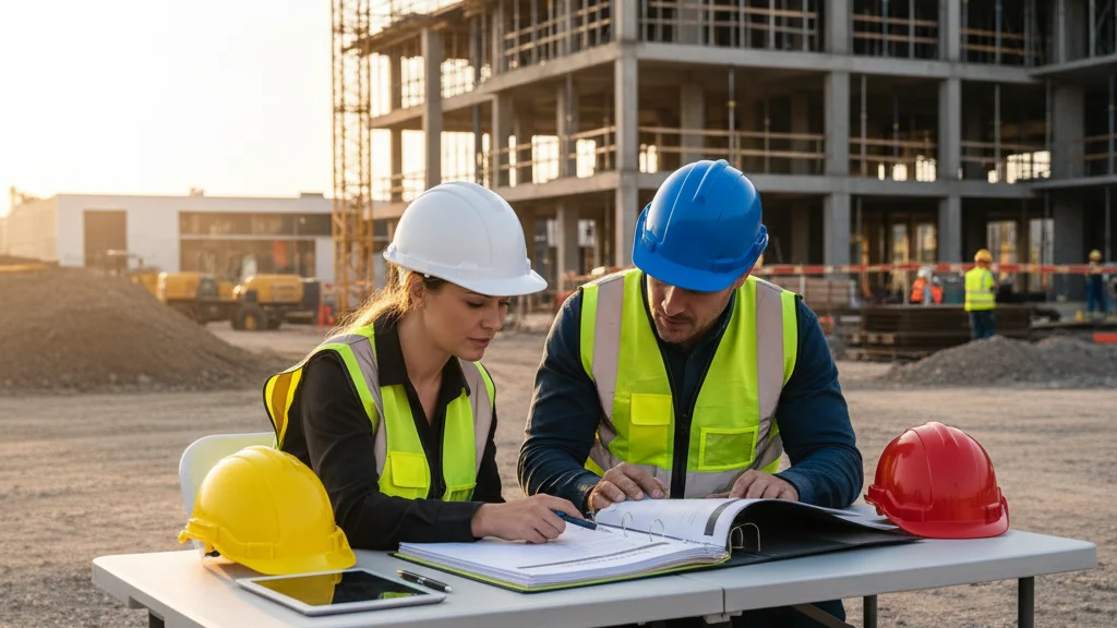 Construction manager reviewing insurance certificates and safety documentation on site