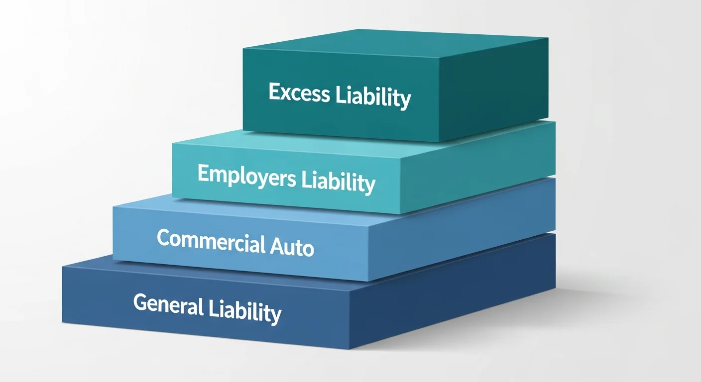 Excess liability insurance policy stacking showing layered coverage tiers